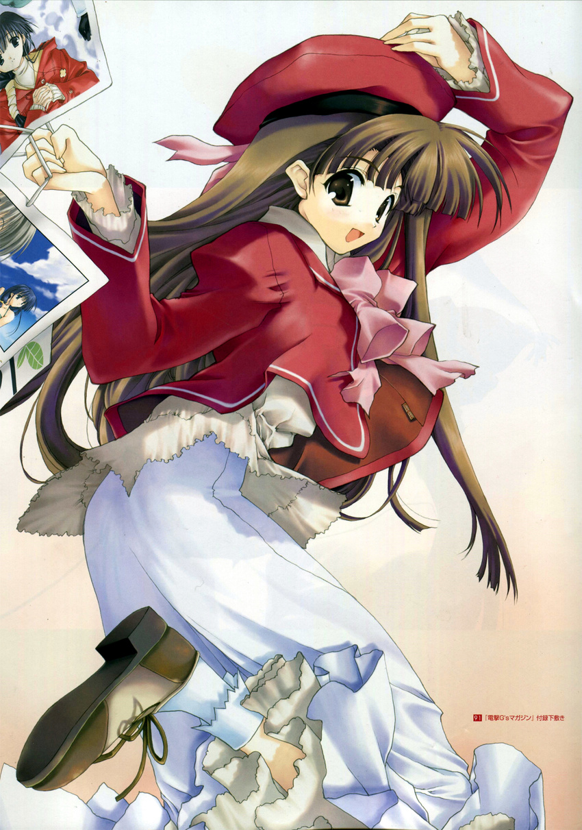 absurdres bag brown_eyes brown_hair comic_party dress hasebe_aya hat highres long_hair long_skirt long_sleeves looking_at_viewer looking_back mikage_subaru nakamura_takeshi non-web_source open_mouth ribbon shoes shopping_bag simple_background skirt smile socks solo very_long_hair