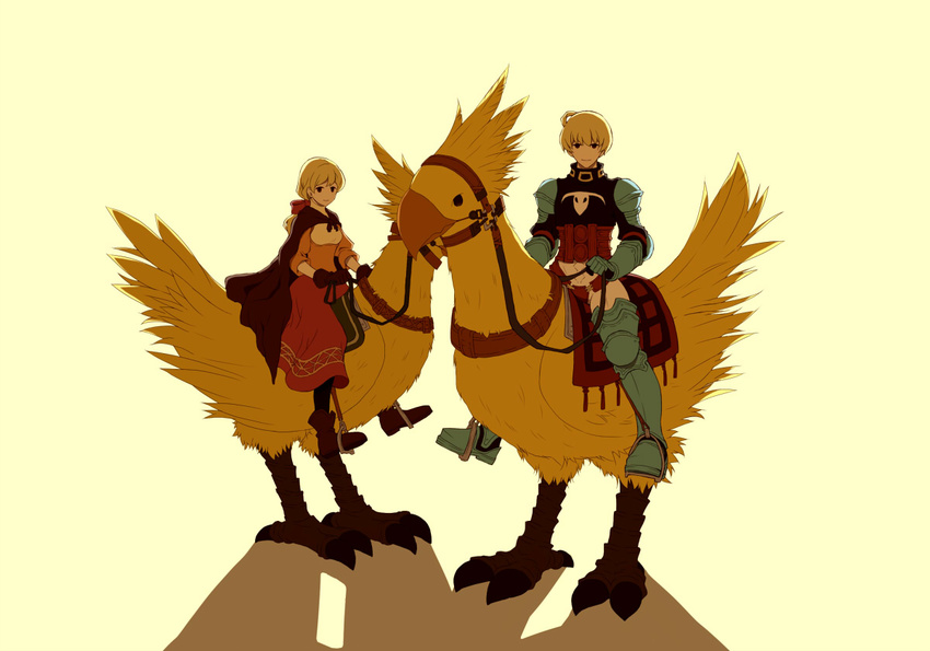 1girl ahoge alma_beoulve armor beak belt black_eyes blonde_hair bow brown_gloves cape final_fantasy final_fantasy_tactics full_body gauntlets gloves hair_bow long_hair long_skirt long_sleeves looking_at_viewer ponytail ramza_beoulve red_bow red_skirt riding saddle sash shade shoulder_pads simple_background skirt smile standing stardance20 straddling talons thighhighs yellow_background