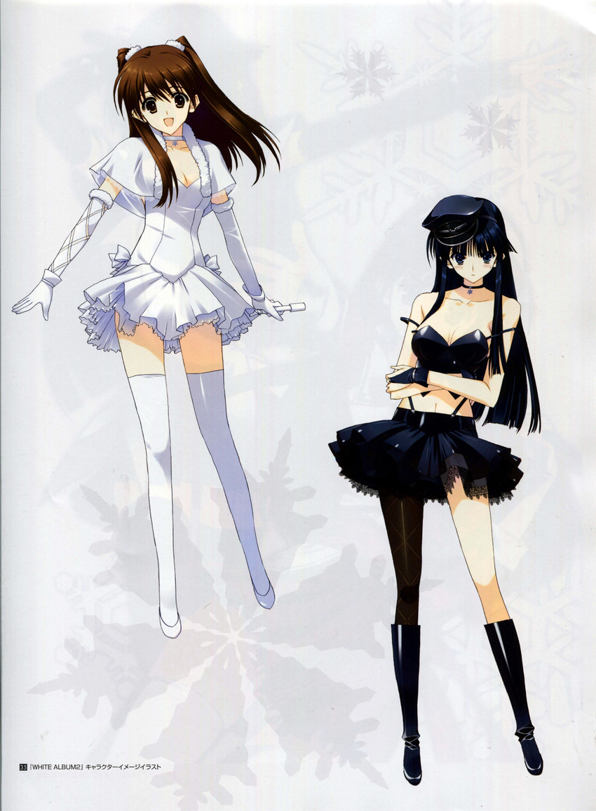 absurdres asymmetrical_legwear bare_shoulders black_footwear black_hair boots brown_eyes brown_hair collar crossed_arms dress elbow_gloves gloves hat highres knee_boots looking_at_viewer microphone midriff multiple_girls nakamura_takeshi non-web_source ogiso_setsuna open_mouth pantyhose pleated_skirt simple_background skirt thighhighs touma_kazusa white_album_2 white_gloves white_legwear zettai_ryouiki