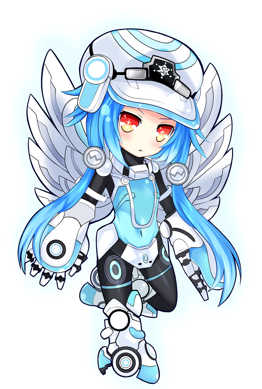 absurdres armor armored_boots blue_hair blush bodysuit boots chibi covered_navel full_body gloves hat highres long_hair low_twintails mechanical_wings neptune_(series) next_white power_symbol red_eyes shin_jigen_game_neptune_vii shironeko_haru simple_background solo symbol-shaped_pupils twintails white_background white_footwear white_heart wings