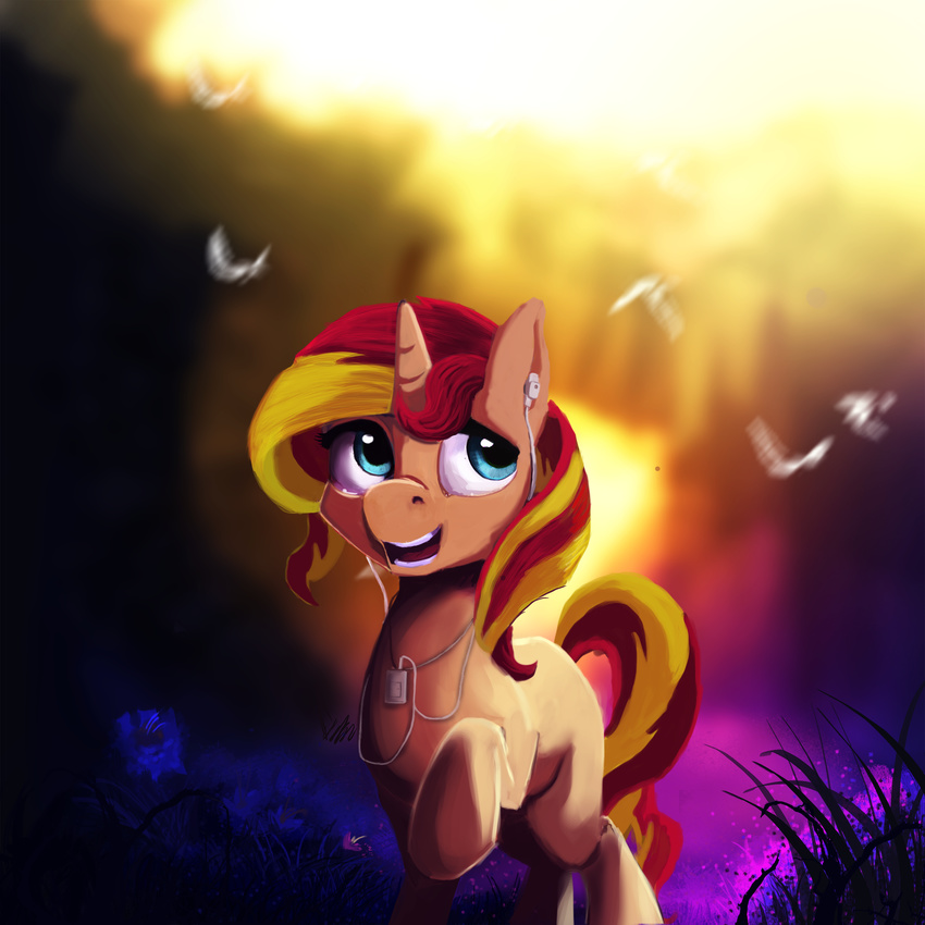 2014 abstract_background avian bird blue_eyes equestria_girls equine female feral grass hair headphones hi_res horn mammal multicolored_hair music_player my_little_pony paperdrop smile solo sunset_shimmer_(eg) two_tone_hair unicorn