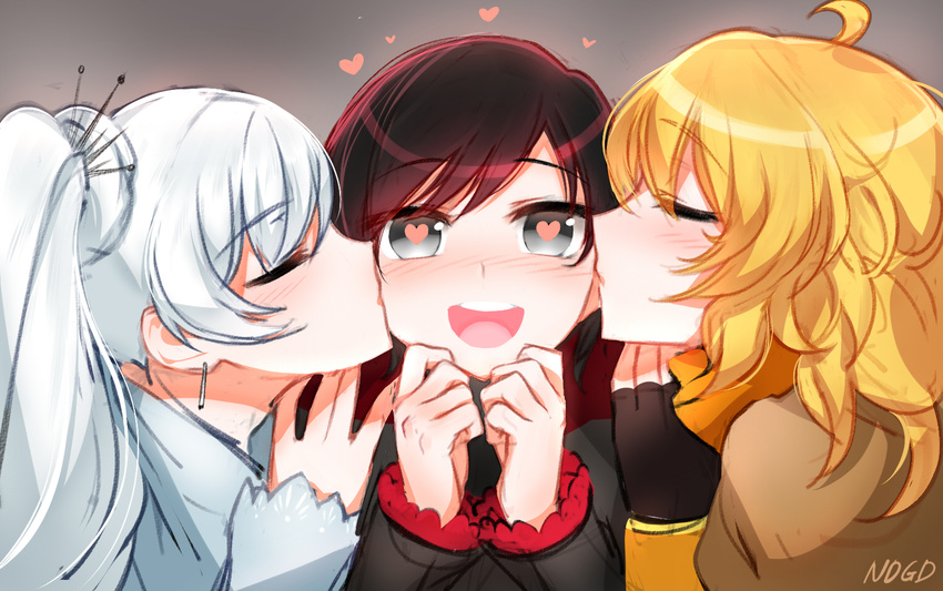 :d ahoge blonde_hair blush cheek_kiss closed_eyes double_cheek_kiss earrings fingerless_gloves girl_sandwich gloves happy heart heart-shaped_pupils jewelry kiss long_hair multicolored_hair multiple_girls ndgd open_mouth ponytail red_hair ruby_rose rwby sandwiched siblings signature silver_eyes silver_hair sisters smile symbol-shaped_pupils weiss_schnee yang_xiao_long yuri