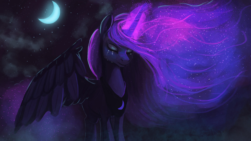 2014 blue_feathers blue_fur blue_hair cloud crying equine eyes_closed feathered_wings feathers female feral friendship_is_magic fur glowing hair hi_res horn jewelry mammal moon my_little_pony necklace paperdrop princess_luna_(mlp) sky solo spread_wings star tears winged_unicorn wings