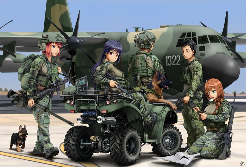 3girls absurdres aircraft airplane all-terrain_vehicle ammunition_pouch ar-15 assault_rifle backpack bag black_hair blue_hair body_armor bolt_action braid brown_hair bulletproof_vest c-130_hercules cheytac_m200 controller dog drone eotech german_shepherd green_eyes gun helmet highres jitome jpc load_bearing_vest looking_back military military_base military_vehicle multiple_boys multiple_girls open_mouth original paratrooper plate_carrier pouch propeller puppy purple_eyes red_hair remote_control republic_of_china_flag rifle scope sniper_rifle soldier stanag_magazine t65k2_assault_rifle t91_assault_rifle tactical_clothes taiwan twintails weapon