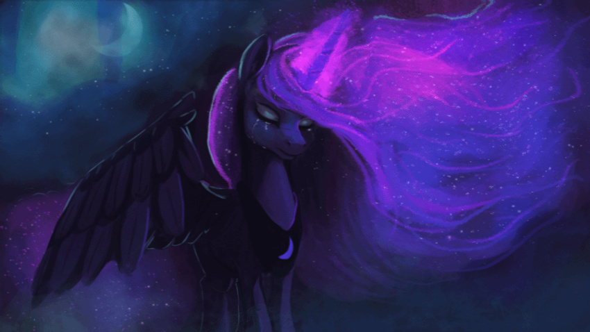 2015 animated blue_feathers blue_fur blue_hair cloud crying equine equum_amici eyes_closed feathered_wings feathers female feral friendship_is_magic fur glowing hair horn jewelry mammal moon my_little_pony necklace paperdrop princess_luna_(mlp) sky solo spread_wings star tears winged_unicorn wings