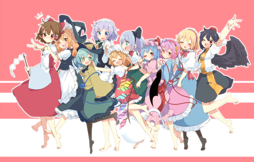 ;d ^_^ ^o^ alice_margatroid aoi_(annbi) apron arm_up bare_shoulders barefoot bird_wings black_hair black_legwear black_ribbon black_skirt black_wings blonde_hair blue_jacket blush bow bowtie braid capelet closed_eyes commentary_request crystal demon_wings detached_sleeves flandre_scarlet frills from_side full_body ghost girl_sandwich gohei green_eyes green_hair green_skirt hair_bow hair_ribbon hair_tubes hairband hakurei_reimu hat hug izayoi_sakuya jacket jumping kirisame_marisa komeiji_koishi komeiji_satori konpaku_youmu konpaku_youmu_(ghost) long_sleeves looking_at_viewer looking_back maid maid_headdress mob_cap one_eye_closed open_mouth orange_eyes pantyhose pink_eyes pink_hair pink_skirt profile puffy_short_sleeves puffy_sleeves red_background red_bow red_eyes red_neckwear red_skirt remilia_scarlet ribbon sandwiched shameimaru_aya shirt short_sleeves silver_hair simple_background skirt smile third_eye tokin_hat touhou twin_braids vampire vest waist_apron wavy_mouth white_shirt wings witch_hat yellow_jacket