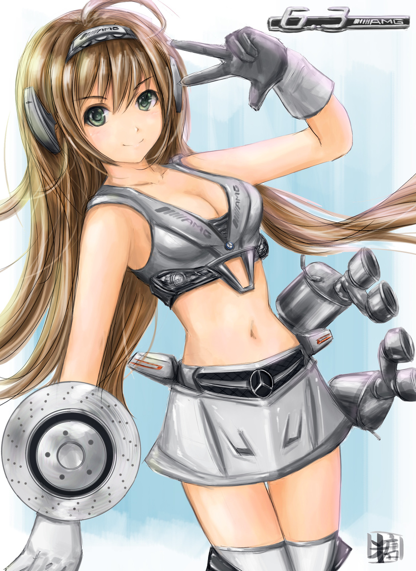 absurdres ahoge asymmetrical_clothes asymmetrical_gloves bad_deviantart_id bad_id banned_artist black_gloves breasts brown_hair cleavage gloves green_eyes hairband highres kneehighs long_hair medium_breasts mercedes-benz midriff miniskirt navel original personification signature skirt smile solo sweetsoupman v white_gloves