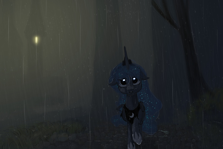 2014 absurd_res blue_eyes blue_fur blue_hair crown equine female feral friendship_is_magic fur grass hair hi_res horn jewelry looking_at_viewer mammal my_little_pony necklace night outside paperdrop princess_luna_(mlp) raining rock solo tower tree wet_fur wet_hair winged_unicorn wings