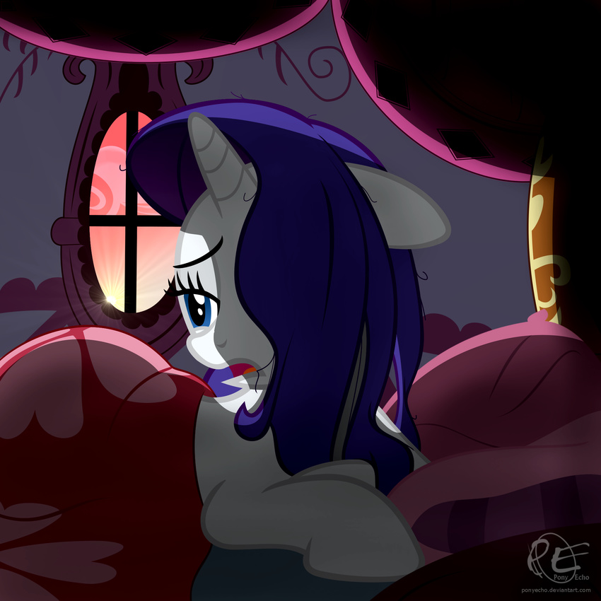 2016 bed blue_eyes equine female feral friendship_is_magic fur hair hair_over_eye half-closed_eyes hi_res hooves horn inside long_hair mammal my_little_pony on_bed open_mouth pillow ponyecho purple_hair rarity_(mlp) solo unicorn white_fur