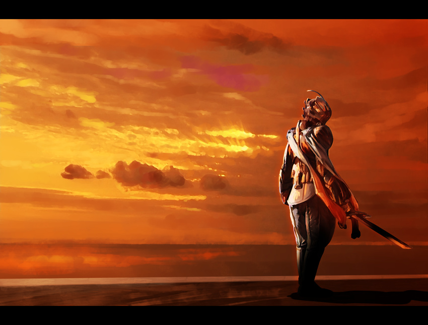arms_at_sides ashi_ura back cloud cloudy_sky from_behind holding holding_sword holding_weapon kamen_rider kamen_rider_w letterboxed male_focus monster nasca_dopant ocean orange_(color) orange_sky outdoors pants sky solo sunlight sunset sword walking weapon