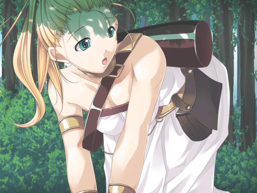 all_fours armband bag blonde_hair blue_eyes breasts choker chrono_trigger cleavage crawling forest looking_back luggage marle medium_breasts nature non-web_source open_mouth ponytail reason robe satchel solo strap tree