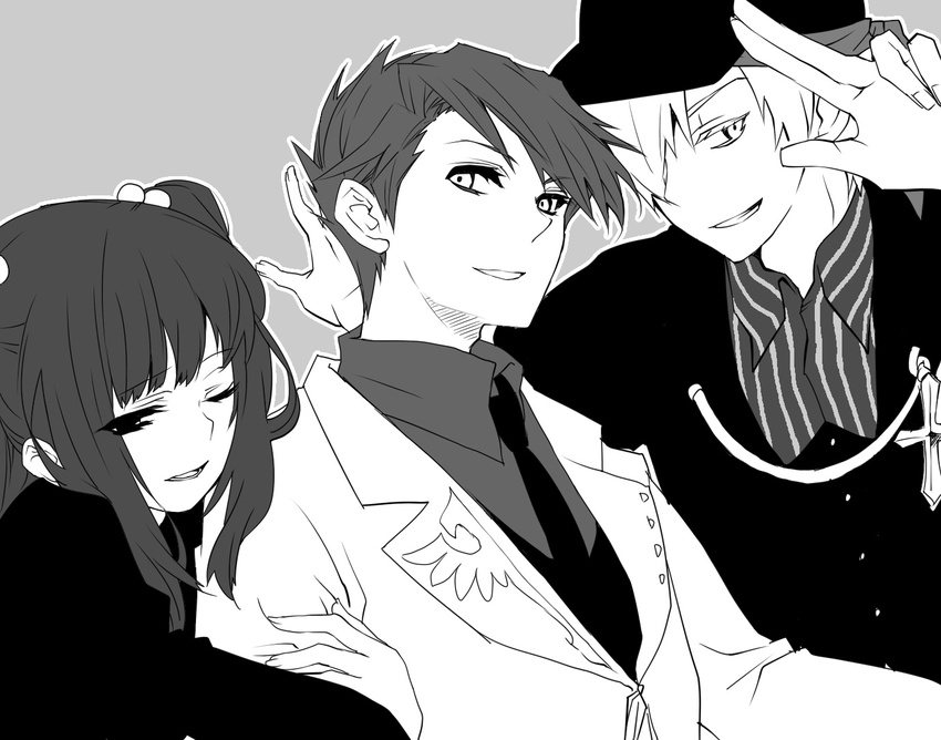 amakusa_juuza brother_and_sister formal gm hat hug monochrome necktie siblings suit twintails umineko_no_naku_koro_ni ushiromiya_ange ushiromiya_battler wink