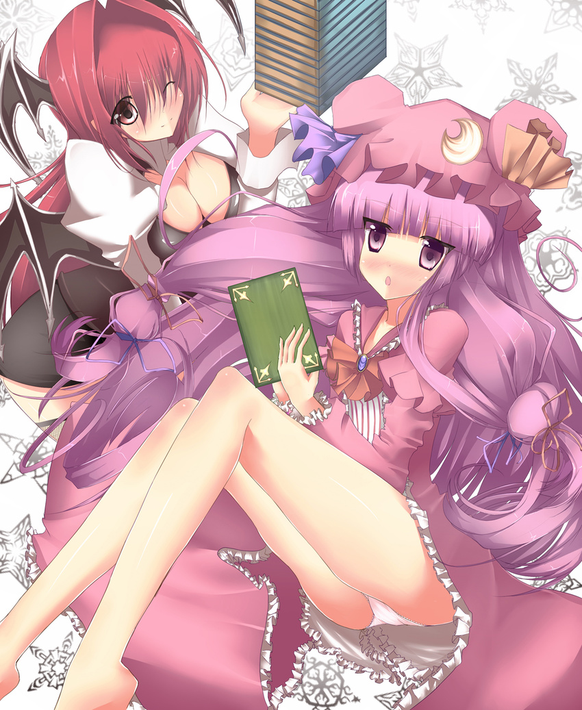 ass bad_anatomy bangs blunt_bangs book book_stack breasts cleavage demon_girl downblouse from_above hat head_wings highres holding holding_book koakuma large_breasts looking_at_viewer mob_cap multiple_girls panties patchouli_knowledge red_eyes red_hair sorusibu succubus touhou underwear white_panties