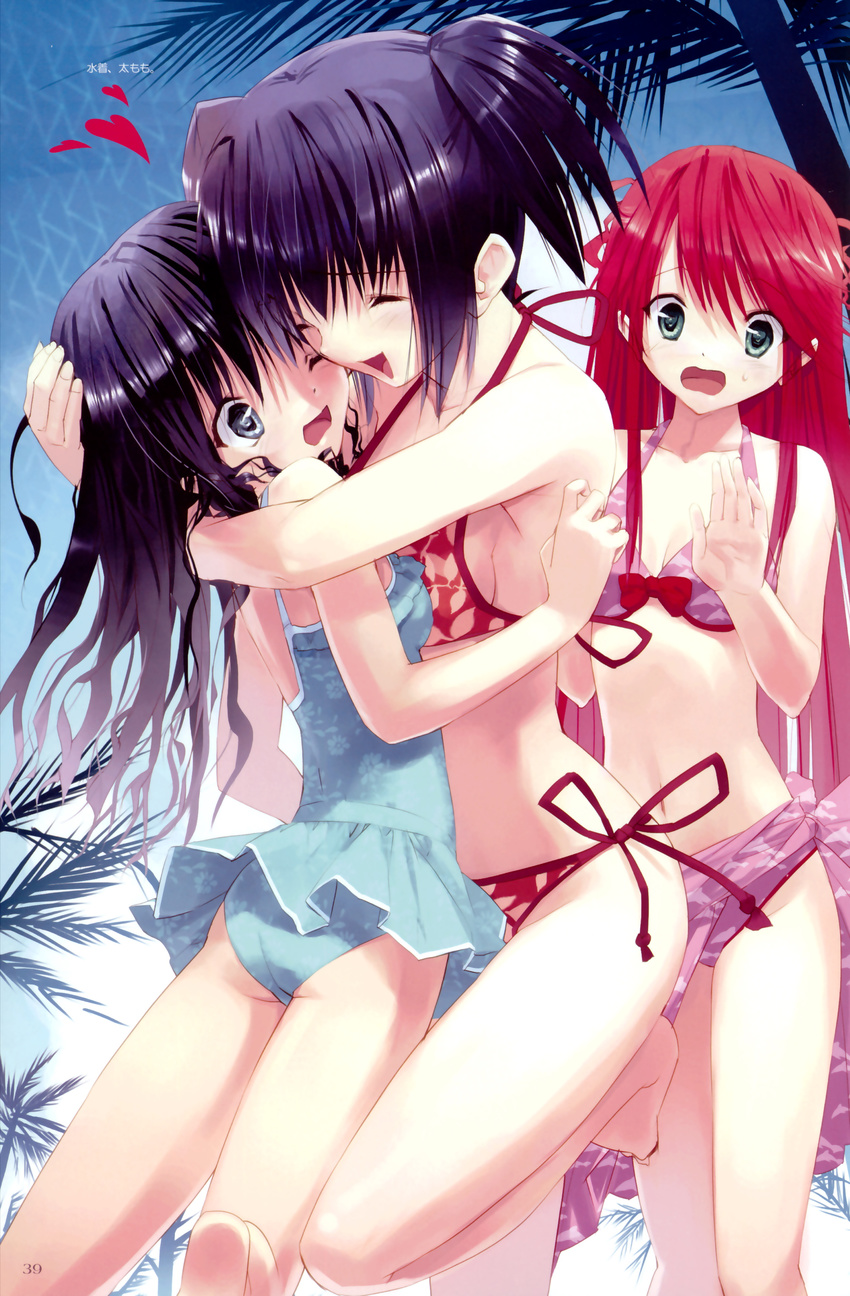 absurdres ass barefoot bikini black_hair bow bow_bikini closed_eyes copyright_request floral_print green_eyes hands happy highres hug long_hair multiple_girls one-piece_swimsuit one_eye_closed purple_sarong red_hair sarong short_twintails side-tie_bikini smile swimsuit twintails ueda_ryou yuri