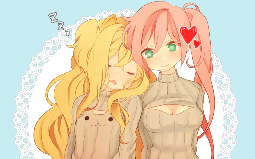 :&gt; :3 alternate_costume animal_ears arms_at_sides bad_id bad_pixiv_id blonde_hair blue_background breasts cat_ears cleavage closed_eyes closed_mouth drooling durian_(skfo403) flat_chest green_eyes heart heart-shaped_pupils highres lace_background leaning_on_person leaning_to_the_side long_hair long_sleeves matching_outfit medium_breasts meme_attire multiple_girls open-chest_sweater open_mouth pink_hair print_sweater ribbed_sweater saliva seeu side-by-side side_ponytail sleeping small_breasts smile sweater symbol-shaped_pupils turtleneck two_side_up uni_(vocaloid) upper_body very_long_hair vocaloid zzz