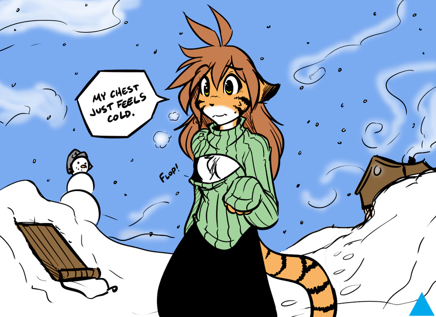 anthro breasts clothing color_edit colored edit feline female flora_(twokinds) house keidran keyhole_turtleneck leadbrick mammal outside snow snowman solo sweater tiger tom_fischbach twokinds