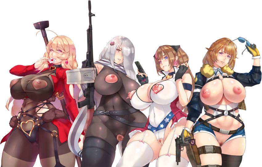 blonde_hair bodysuit breasts brown_hair censored cleavage condom erect_nipples girls_frontline gloves gray_hair grizzly_mkv_(girls_frontline) gun long_hair mk_23 nipples pk_(girls_frontline) ptrd-41_(girls_frontline) scarf shorts stockings sunglasses thighhighs weapon yui.h