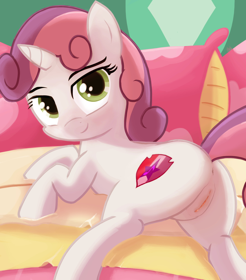 2016 animal_genitalia anus butt cub cutie_mark equine female feral friendship_is_magic green_eyes hair hi_res horn looking_at_viewer looking_back mammal multicolored_hair my_little_pony pillow presenting pussy sadieyule smile solo sweetie_belle_(mlp) two_tone_hair unicorn young