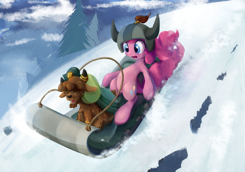 2015 blue_eyes bovine brown_fur clothing cloud cutie_mark duo equine female feral friendship_is_magic fur hair hat helmet hi_res horse lying mammal my_little_pony on_back open_mouth outside pink_fur pink_hair pinkie_pie_(mlp) pony rope scared scootiebloom sky sled smile snow tree yak young