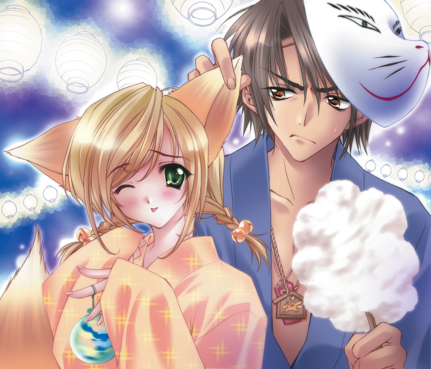 1girl ;p absurdres animal_ears bell blonde_hair blush braid brown_eyes brown_hair carnelian copyright_request cotton_candy couple fingernails fox fox_ears fox_mask green_eyes hair_bell hair_ornament hetero highres japanese_clothes jingle_bell kimono mask mask_on_head omamori one_eye_closed smile tongue tongue_out twin_braids upper_body water_yoyo
