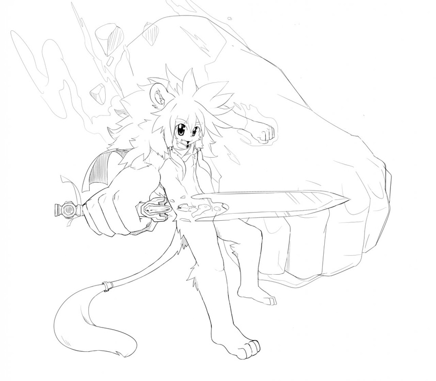 action_pose anthro barefoot black_and_white cat featureless_crotch feline fist holding_object holding_weapon ice leo_(whiteleo) line_art magic male mammal mane melee_weapon monochrome mostly_nude plantigrade scarf smile sword tail_ring weapon whiteleo