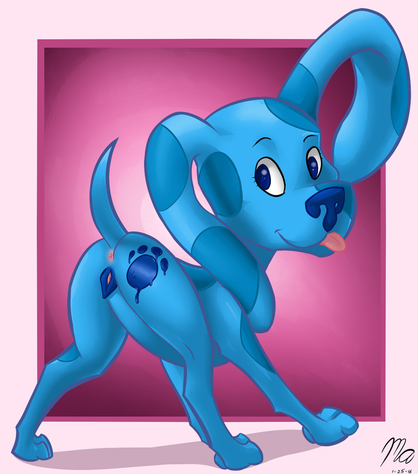 2016 animal_genitalia anus blue's_clues blue_(character) blue_eyes blue_fur butt canine dog female fur invalid_color looking_at_viewer magnificent-arsehole mammal nude paint pussy simple_background smile solo tongue