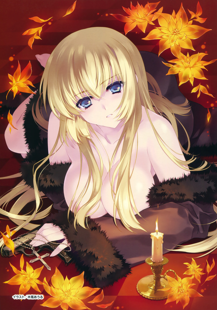 absurdres areolae blonde_hair blue_eyes breasts candle cross cross_necklace flower gun highres irisdina_bernhard jewelry large_breasts looking_at_viewer lying mimizuku_owl necklace no_bra non-web_source on_stomach open_clothes open_shirt schwarzesmarken shirt solo weapon
