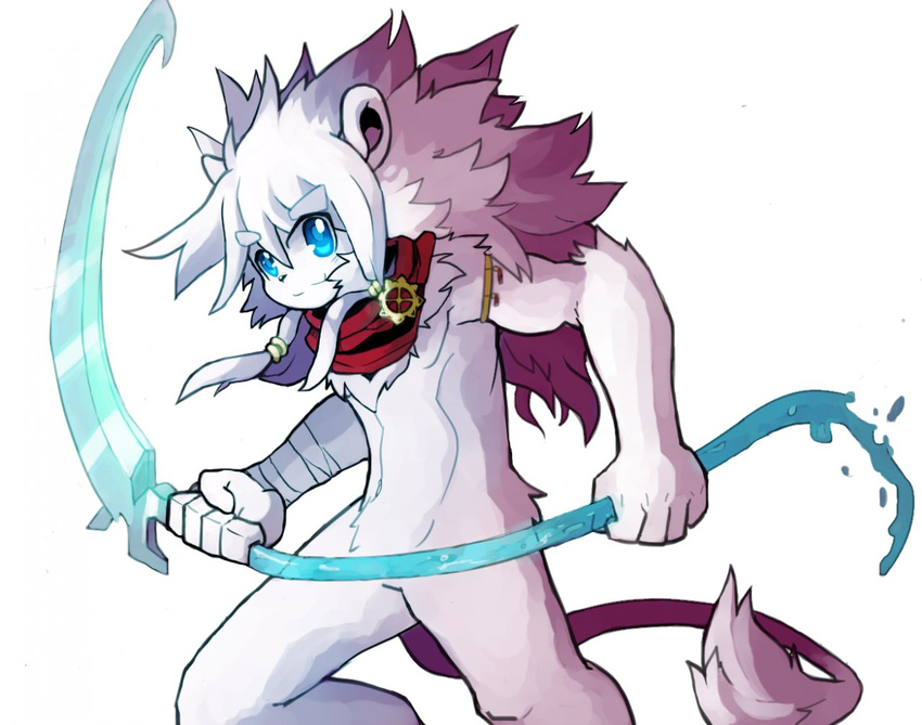 action_pose anthro arm_wraps feline holding_object holding_weapon leo_(whiteleo) lion looking_at_viewer magic male mammal mane melee_weapon mostly_nude scarf scythe solo weapon whiteleo young