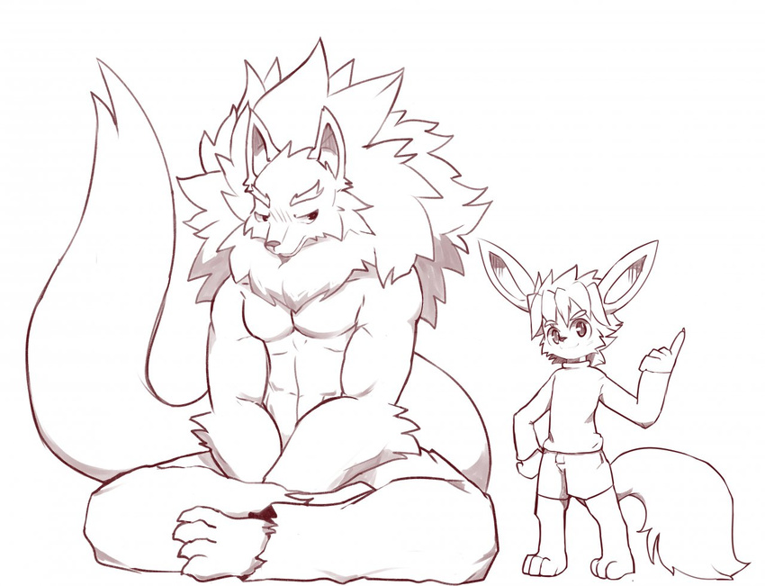 abs barefoot big_muscles blush canine capcom clothed clothing darkstalkers duo fennec fox front_view grin jon_talbain line_art looking_at_viewer male mammal mane monochrome muscular pants pecs plantigrade pointing shorts sitting size_difference topless video_games were werewolf whiteleo