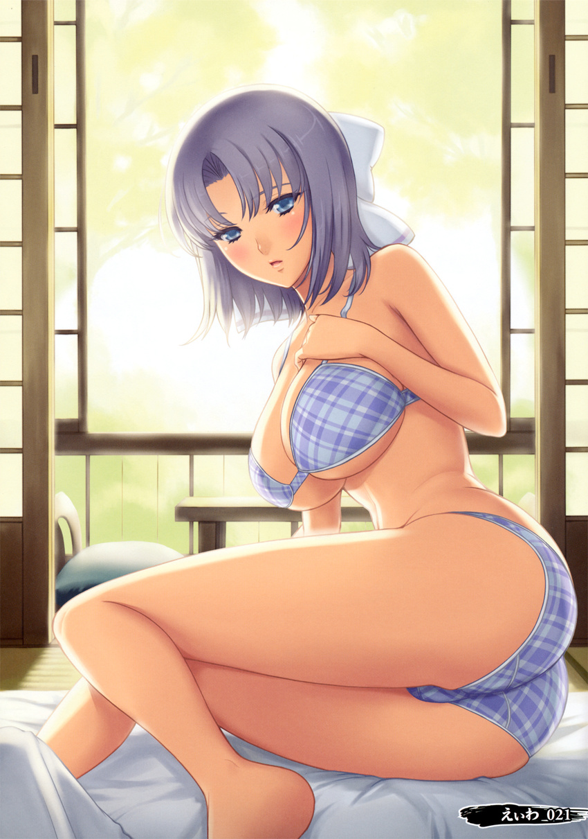 :o argyle argyle_bikini ass bare_shoulders black_hair blue_bra blue_eyes blue_panties blush bow bra breasts cleavage eiwa hair_bow highres large_breasts looking_at_viewer panties scan senran_kagura senran_kagura_shinovi_versus short_hair solo tareme thighs underboob underwear underwear_only yumi_(senran_kagura)