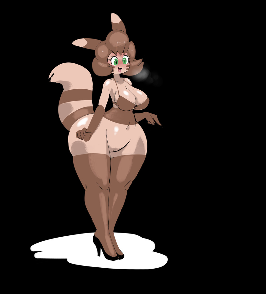 black_background blush bottomless breasts breath brown_fur brown_hair clothed clothing curly_q eyelashes female fur furret green_hair hair high_heels keijimatsu nintendo open_mouth pok&eacute;mon pok&eacute;morph pussy simple_background solo standing tan_fur thick_thighs tongue tongue_out video_games wide_hips