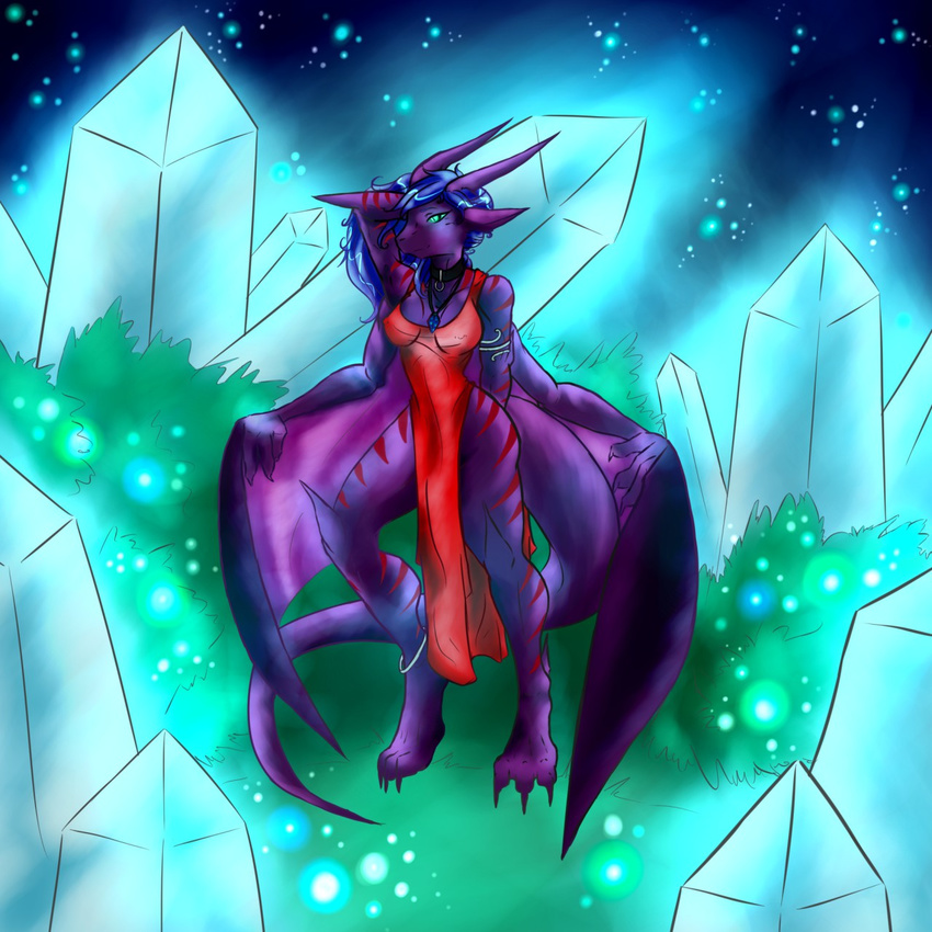 2016 3_toes akhlys amulet anklet anthro armband armlet barefoot bat_wings big_feet big_tail big_wings black_collar blue_hair brassknuckletime breasts claws clothed clothing collar crystals digital_media_(artwork) digitigrade dragon_tail drake_wings dress ears_back ears_down evening_gown feet female flat_belly fold_wings gargoyle gown grass green_eyes green_sclera hair hair_down hand_behind_head hand_on_head horn jewelry lizard_tail long_ears long_hair long_tail looking_at_viewer membranous_wings necklace night nipple_bulge nipples non-mammal_breasts outside pendant purple_horn purple_nose purple_skin purple_wings red_dress red_stripes shaded simple_background slit_pupils smile snout solo standing straight_hair striped_skin stripes talons thick_tail tiger_stripes titanium toes wavy_hair wing_claws winged_arms wings