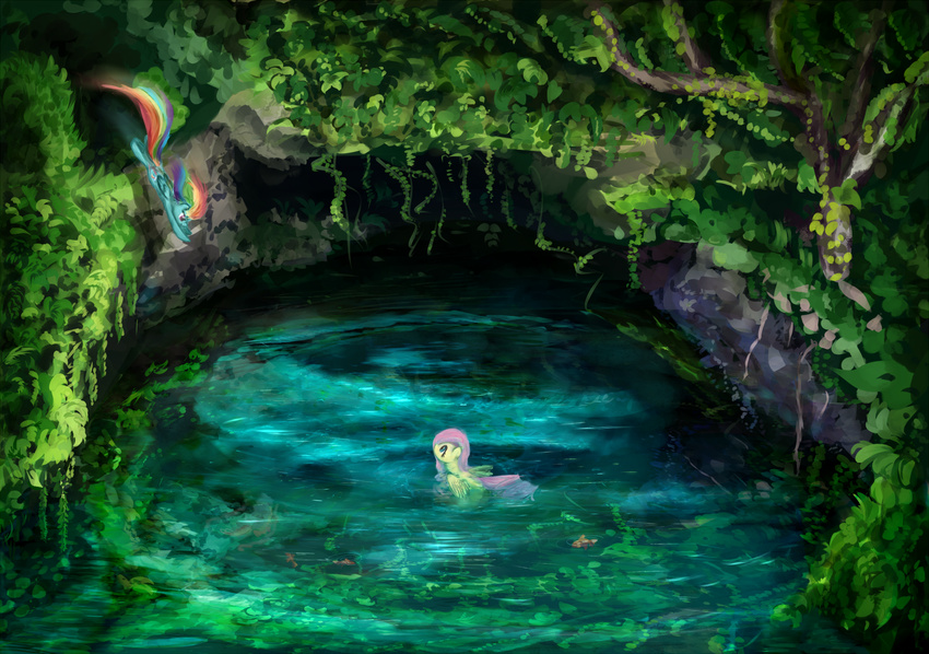 2015 blue_eyes blue_feathers blue_fur duo equine feathered_wings feathers female feral fluttershy_(mlp) flying forest friendship_is_magic fur hair hi_res mammal multicolored_hair my_little_pony nature outside pegasus pink_hair plant purple_eyes rainbow_dash_(mlp) rainbow_hair scootiebloom swimming tree water wings yellow_feathers yellow_fur