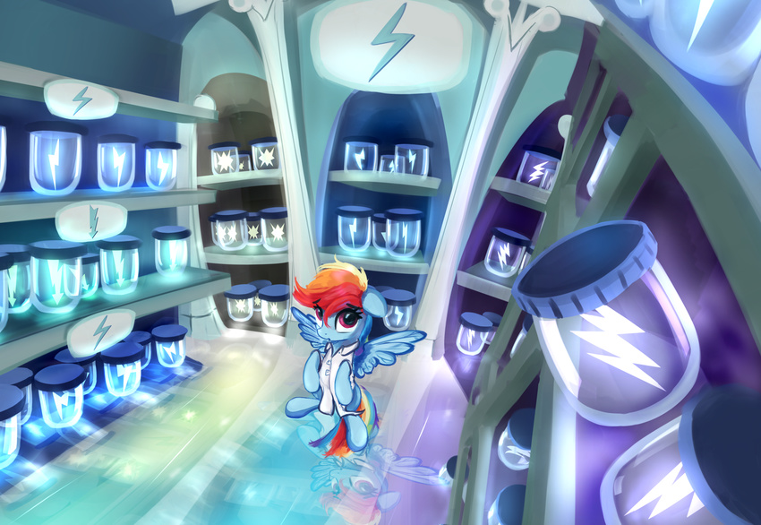 2015 blue_feathers blue_fur clothing equine feathered_wings feathers female feral friendship_is_magic fur hair inside jar lightning looking_at_viewer mammal multicolored_hair my_little_pony pegasus rainbow_dash_(mlp) rainbow_hair red_eyes scootiebloom shelf solo storage wings
