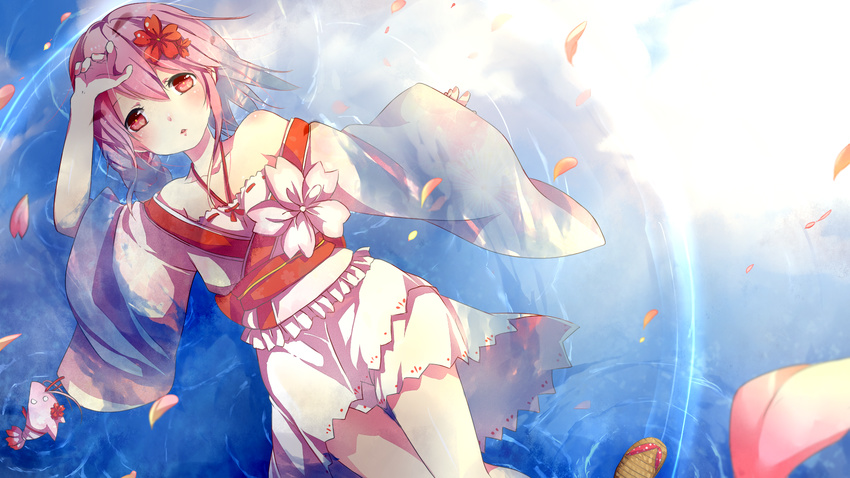 afloat blush body_blush braid flower hair_flower hair_ornament hand_on_own_forehead highres japanese_clothes long_hair looking_at_viewer mao_yuzi off_shoulder petals pink_eyes pink_hair ribbon-trimmed_clothes ribbon_trim sergestid_shrimp_in_tungkang solo water wide_sleeves xuan_ying