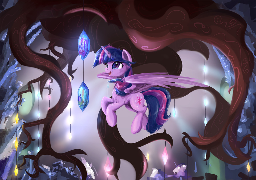 2015 chandelier crying crystal cutie_mark equine feathered_wings feathers female feral flying friendship_is_magic fur gem glowing hair hi_res horn inside mammal multicolored_hair my_little_pony purple_eyes purple_feathers purple_fur root scootiebloom smile solo tears tree twilight_sparkle_(mlp) winged_unicorn wings