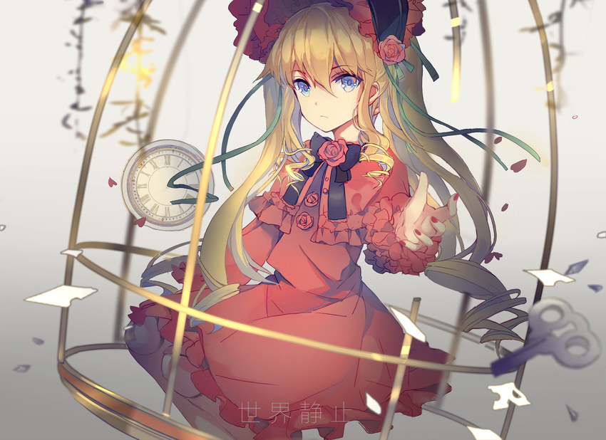 black_ribbon blonde_hair bonnet cage clock dress flower green_ribbon highres lolita_fashion long_hair looking_at_viewer nail_polish red_dress red_flower red_nails red_rose ribbon rose rozen_maiden shinku solo twintails winding_key xiaohan6th