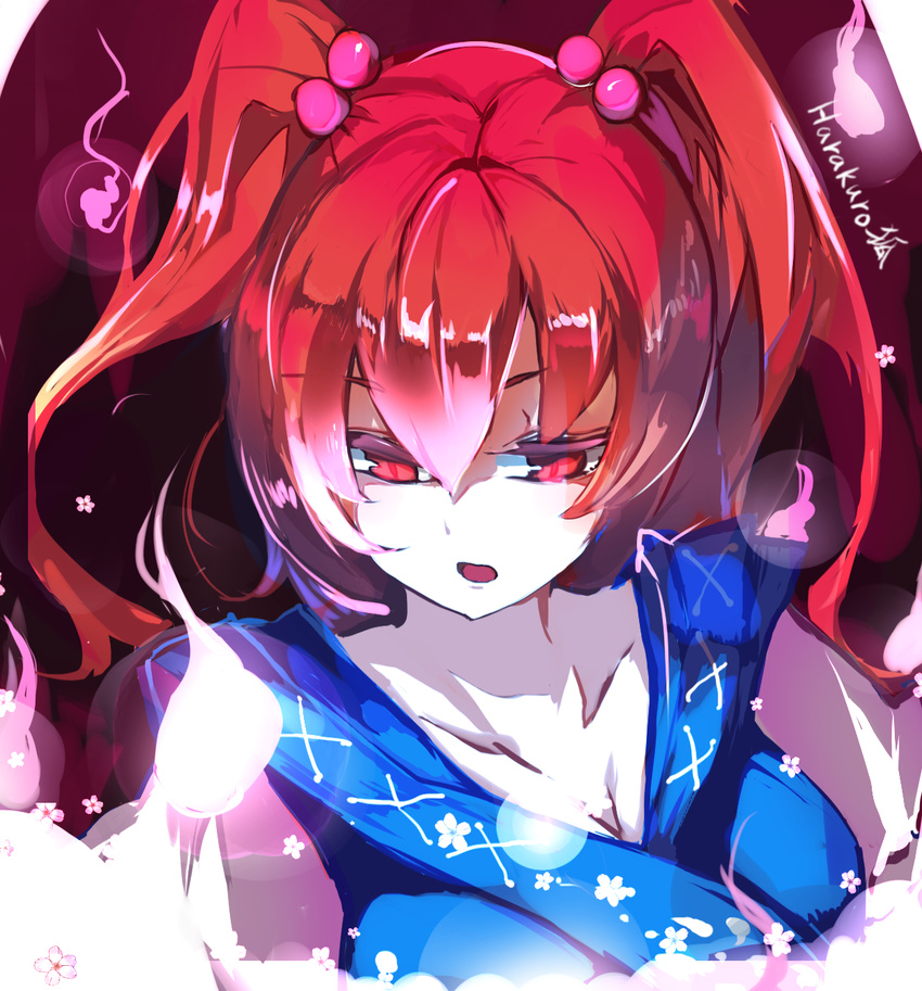 artist_name bangs blue_dress breasts cleavage collarbone dress flower hair_bobbles hair_ornament half-closed_eyes highres hitodama light looking_down medium_breasts onozuka_komachi open_mouth purple_background red_eyes red_hair shiny shiny_hair short_hair short_sleeves solo touhou two_side_up upper_body white_skin yu_kitsune