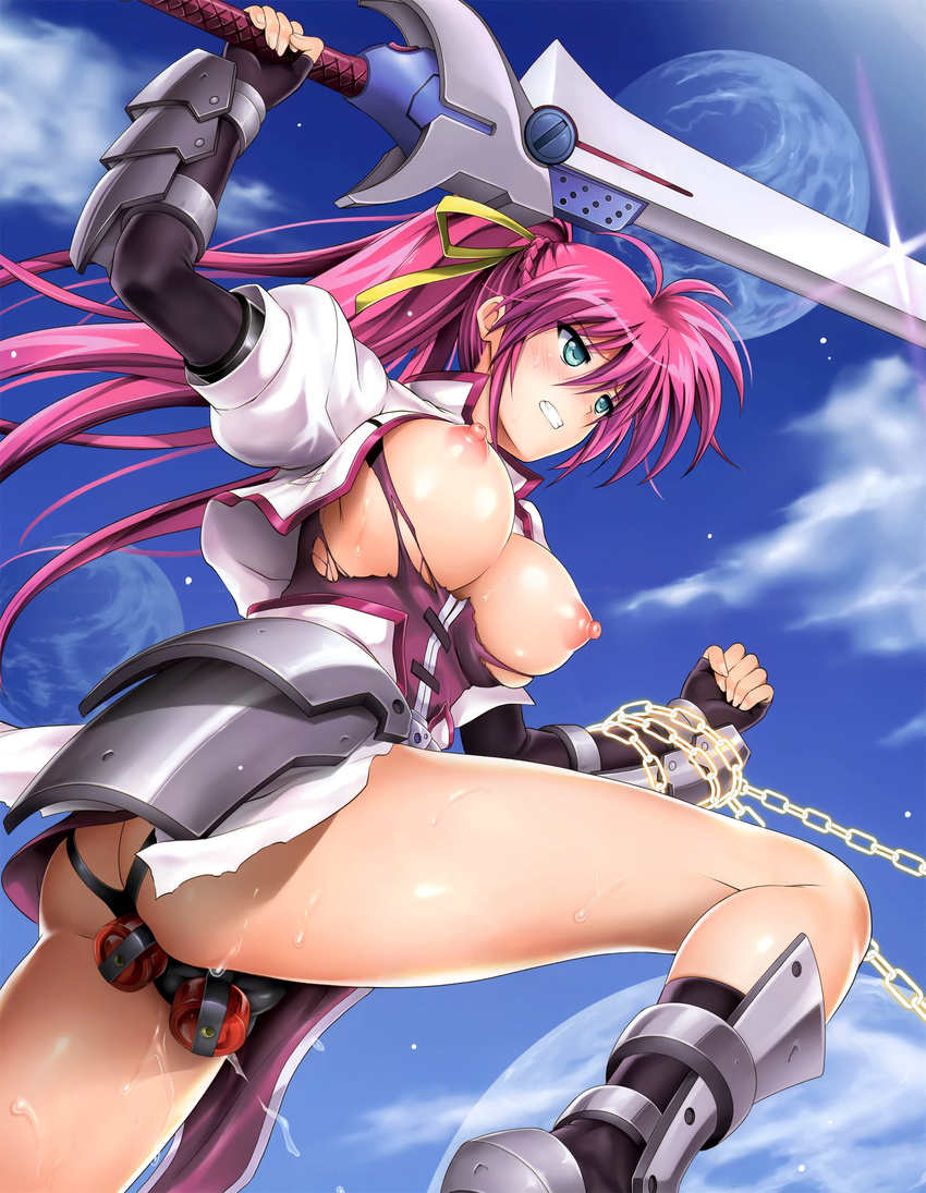 absurdres anal anal_object_insertion ass blue_eyes blush boots breasts breasts_outside chain clenched_teeth cyclone dildo dildo_harness faulds fingerless_gloves gauntlets gloves hair_ribbon highres jacket large_breasts levantine long_hair lyrical_nanoha mahou_shoujo_lyrical_nanoha mahou_shoujo_lyrical_nanoha_a's nipples object_insertion pink_hair planet ponytail puffy_nipples puffy_sleeves pussy_juice ribbon shiny shiny_hair shiny_skin signum solo sweat sword teeth torn_clothes weapon