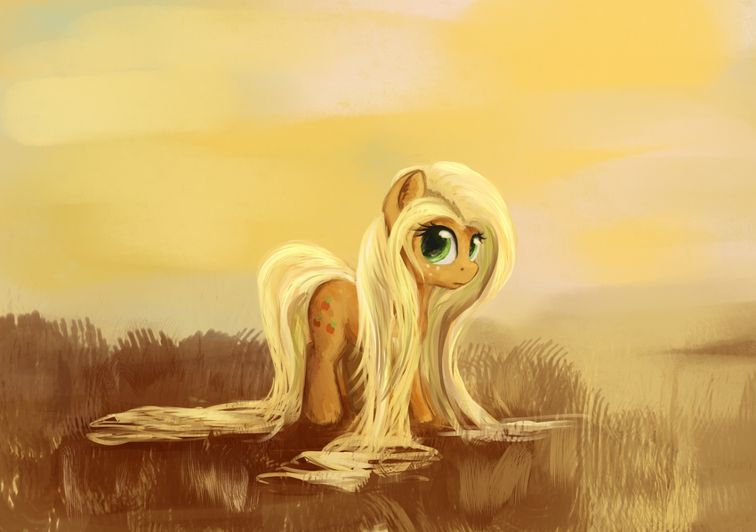 2015 applejack_(mlp) blonde_hair cloud cutie_mark earth_pony equine female feral freckles friendship_is_magic fur grass green_eyes hair horse landscape long_hair looking_at_viewer mammal my_little_pony nature orange_fur outside pony scootiebloom sky solo water