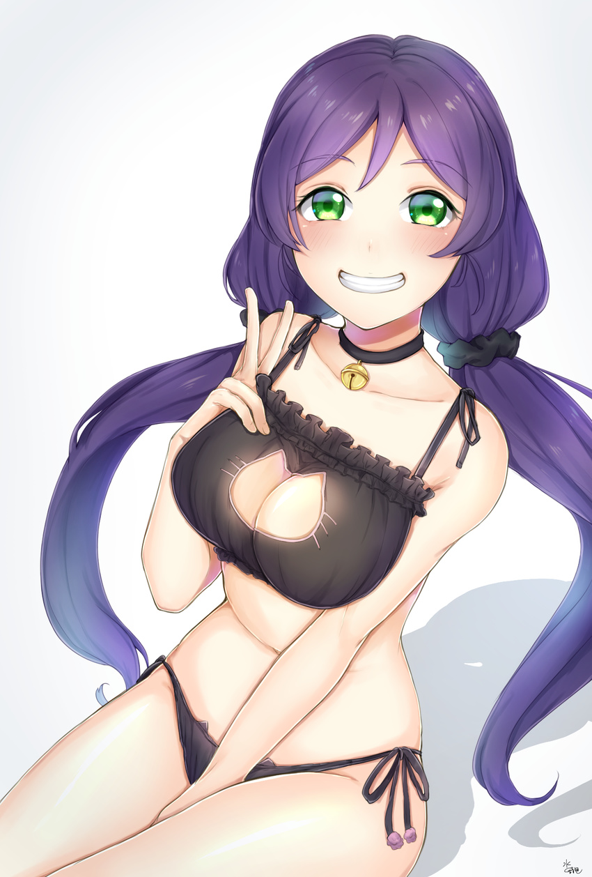 bell breasts cat_cutout cat_ear_panties cat_lingerie cleavage cleavage_cutout green_eyes grin highres jingle_bell large_breasts long_hair looking_at_viewer love_live! love_live!_school_idol_project low_twintails meme_attire mizuiro_32 navel panties purple_hair side-tie_panties smile solo toujou_nozomi twintails underwear v
