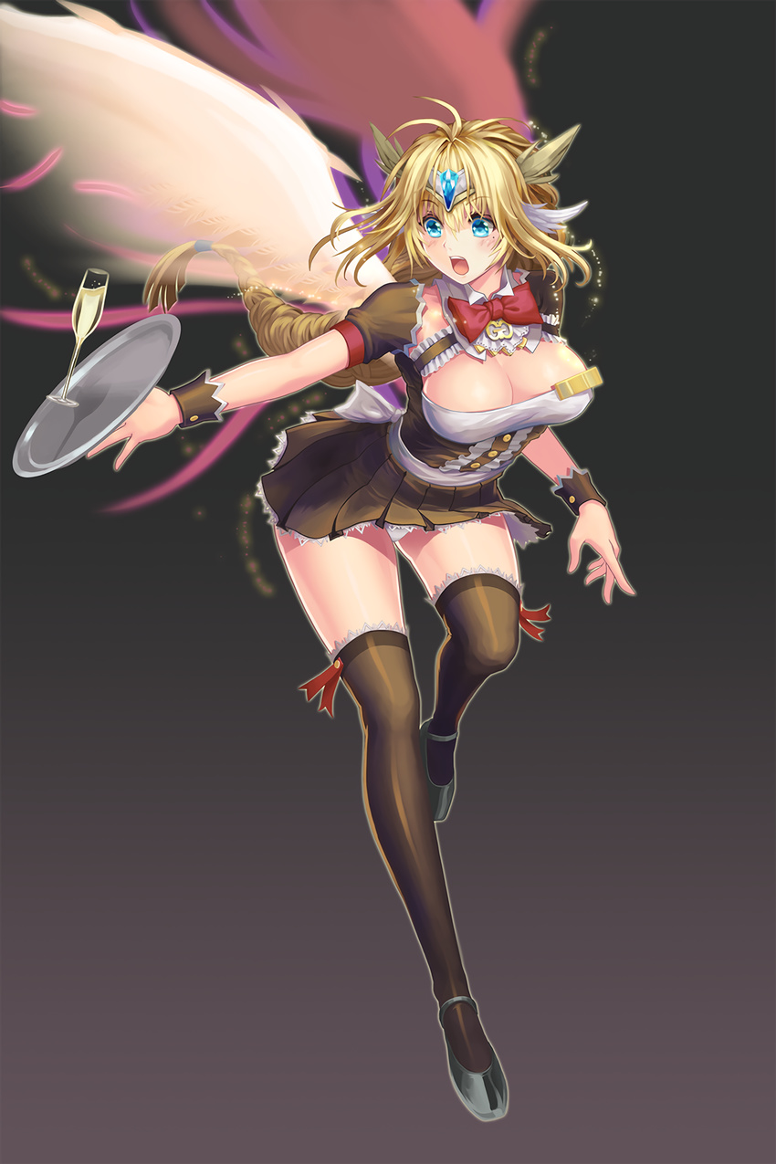 angel_wings artist_request black_legwear blonde_hair blue_eyes bow bowtie braid breasts champagne_flute cleavage cup detached_sleeves drinking_glass gem highres large_breasts long_hair mole non-web_source panties pleated_skirt ribbon short_sleeves silla_(soccer_spirits) skirt soccer_spirits solo thighhighs tiara tray underwear waitress white_panties wings