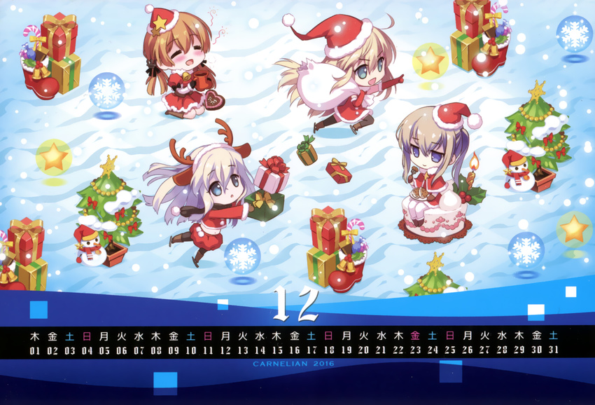 :d ^_^ absurdres alternate_costume anchor_hair_ornament animal_ears bell bismarck_(kantai_collection) blue_eyes blush boots bow box cake calendar_(medium) candle candy candy_cane carnelian chibi christmas christmas_tree closed_eyes eating elbow_gloves fake_animal_ears fake_antlers fire food gift gift_box gloves graf_zeppelin_(kantai_collection) hair_ornament hairband hat highres huge_filesize ice_skating isometric kantai_collection light_brown_hair long_hair multiple_girls navel open_mouth pale_skin pointing prinz_eugen_(kantai_collection) red_gloves ribbon santa_hat scarf seiza silver_eyes sitting sitting_on_object skating smile snowflakes snowing snowman star thighhighs twintails u-511_(kantai_collection) v-shaped_eyebrows zettai_ryouiki