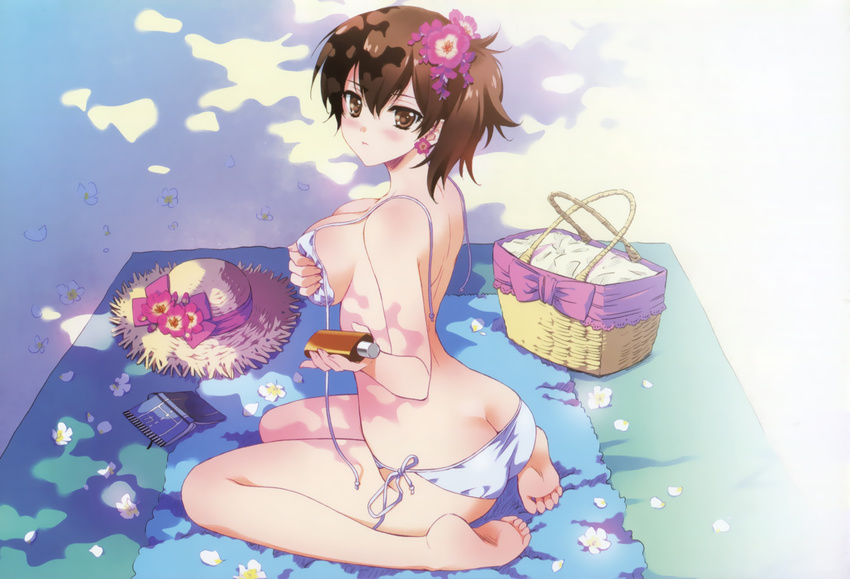 absurdres ass bikini book bottle brown_eyes brown_hair carnelian covering covering_breasts flower hair_flower hair_ornament hat highres holding huge_filesize kaga_(kantai_collection) kantai_collection looking_at_viewer picnic_basket revision seiza side_ponytail sitting solo straw_hat swimsuit white_bikini
