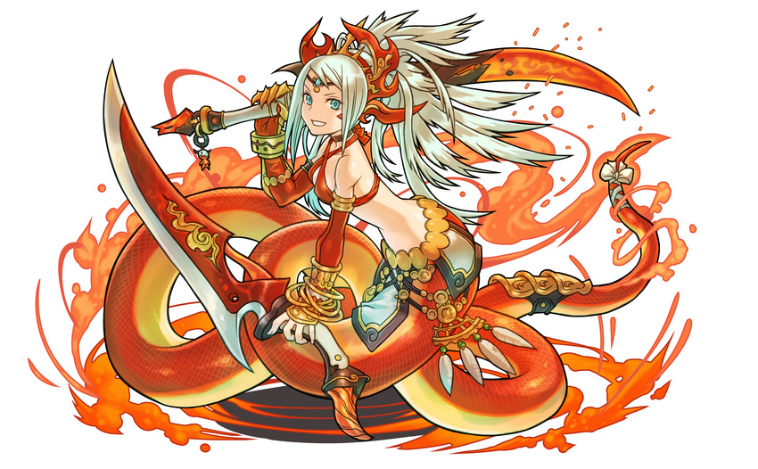 absurdres aqua_eyes circlet dual_wielding echidna_(p&amp;d) fire grin halter_top halterneck highres holding huge_weapon lamia long_hair monster_girl official_art puzzle_&amp;_dragons red silver_hair simple_background smile solo sword weapon white_background
