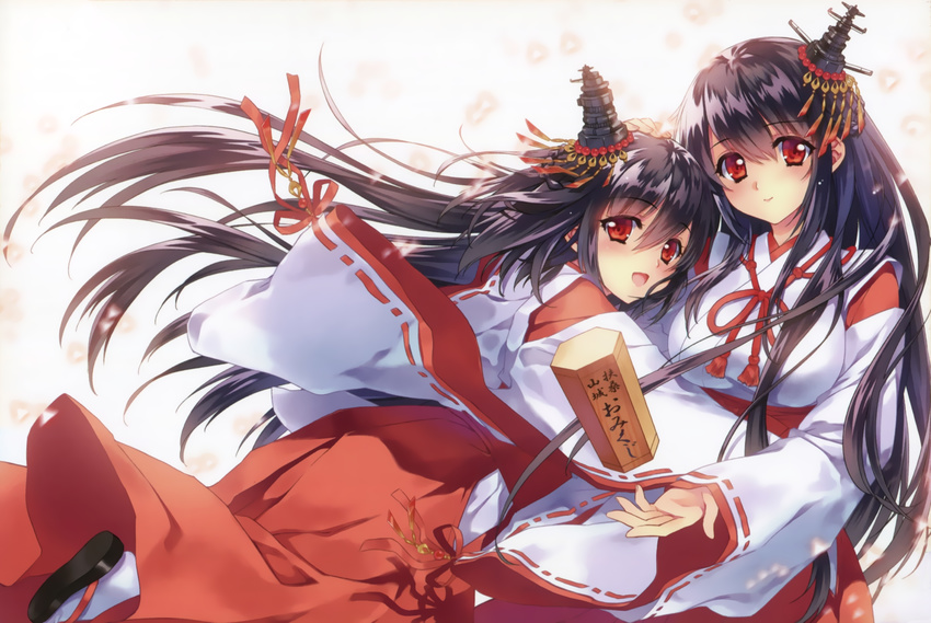 :d absurdres adapted_costume alternate_costume beige_background black_hair blush brown_eyes carnelian case fusou_(kantai_collection) hair_between_eyes hakama headgear highres hug huge_filesize japanese_clothes kantai_collection kimono long_hair long_sleeves looking_at_viewer miko multiple_girls omikuji open_mouth petals red_eyes red_hakama red_ribbon revision ribbon ribbon-trimmed_sleeves ribbon_trim sandals scan simple_background smile tabi translation_request very_long_hair wide_sleeves wood yamashiro_(kantai_collection)