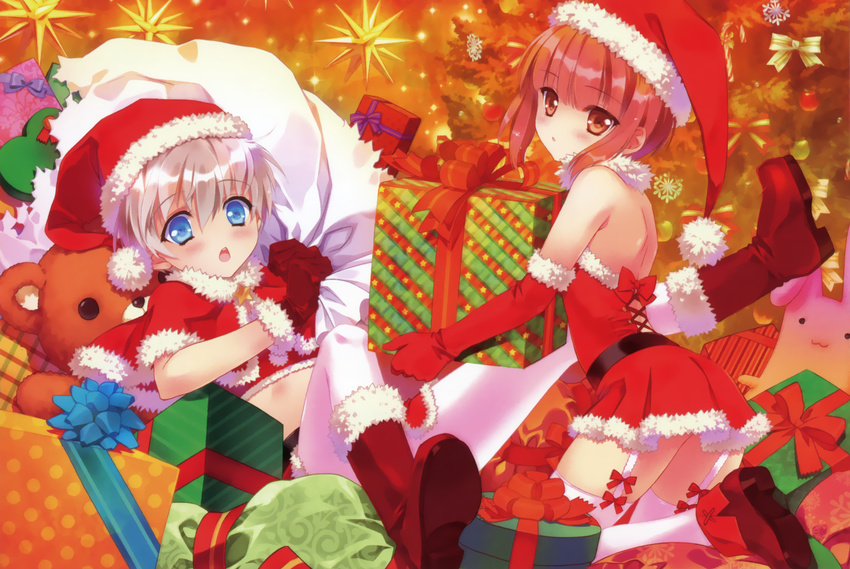 absurdres alternate_costume blue_eyes box brown_eyes brown_hair carnelian chestnut_mouth christmas elbow_gloves garter_straps gift gift_box gloves hat highres huge_filesize kantai_collection looking_at_viewer multiple_girls open_mouth pantyhose parted_lips red_gloves sack santa_costume santa_hat short_hair silver_hair stuffed_animal stuffed_bunny stuffed_toy teddy_bear thighhighs white_legwear z1_leberecht_maass_(kantai_collection) z3_max_schultz_(kantai_collection)