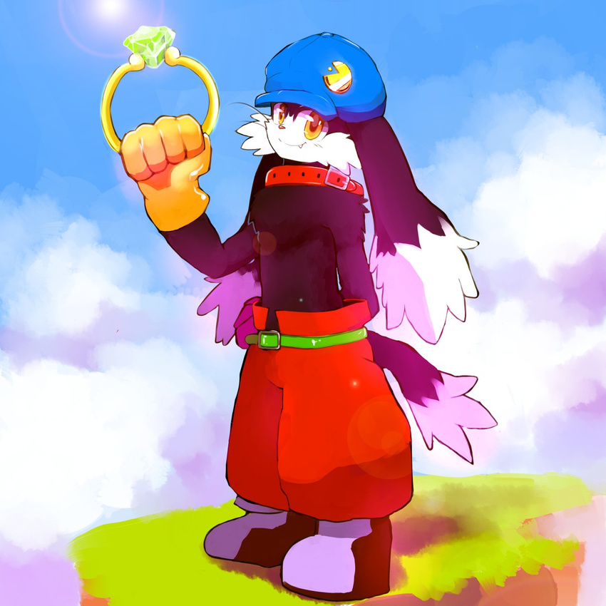 anthro big_ears brandishing clothed clothing cloudscape hand_behind_back headgear jewelry klonoa klonoa_(series) lagomorph looking_at_viewer male mammal rabbit ring sky smile solo standing topless whiskers whiteleo young