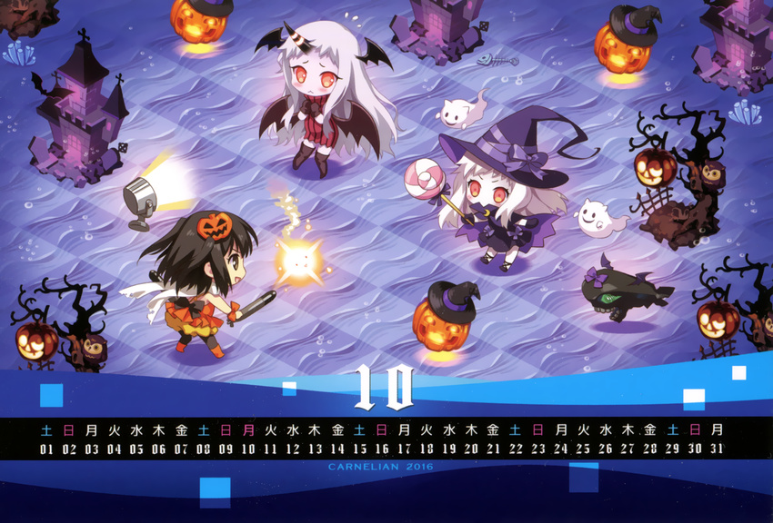 :&lt; :d absurdres alternate_costume bat_wings black_eyes black_hair calendar_(medium) candy capelet carnelian chibi covered_mouth flashlight flying_sweatdrops food food_themed_hair_ornament ghost hair_ornament halloween hat highres holding horn horns huge_filesize i-class_destroyer isometric jack-o'-lantern kantai_collection lollipop long_hair mittens multiple_girls northern_ocean_hime open_mouth orange_eyes pumpkin pumpkin_hair_ornament scarf seaport_hime searchlight sendai_(kantai_collection) shinkaisei-kan smile torpedo two_side_up white_hair white_skin wings witch_hat