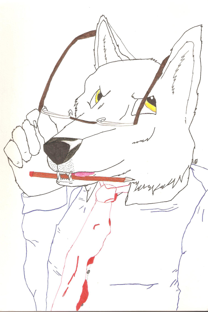 anthro canine claws close-up clothing eyewear fangs glasses gssniper invalid_color looking_at_viewer male mammal mr._firzll necktie outline pencil shirt solo tongue wolf